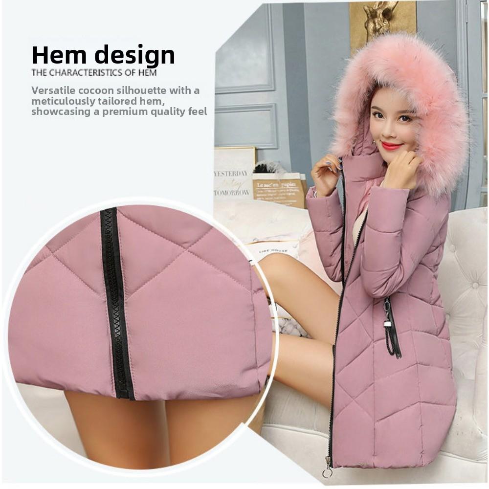 Dámské zimní oblečení úzkého střihu v zahraničním stylu s velkým kožešinovým límcem, středně dlouhé bavlněné oblečení, hromaděné a zahuštěné, teplé bundy, vatované oblečení