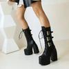 14.5cm Punk Motorcycle Boots Autumn /winter Thick Heel Ultra-high Heel Thick Bottom Strap Middle Boots Patent Leather Booties