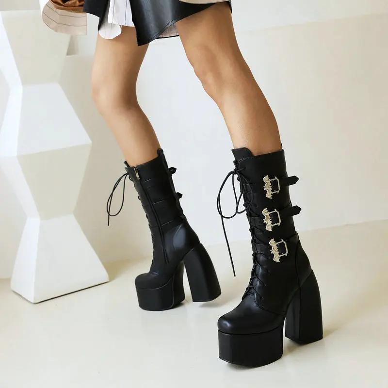 14.5cm Punk Motorcycle Boots Autumn /winter Thick Heel Ultra-high Heel Thick Bottom Strap Middle Boots Patent Leather Booties