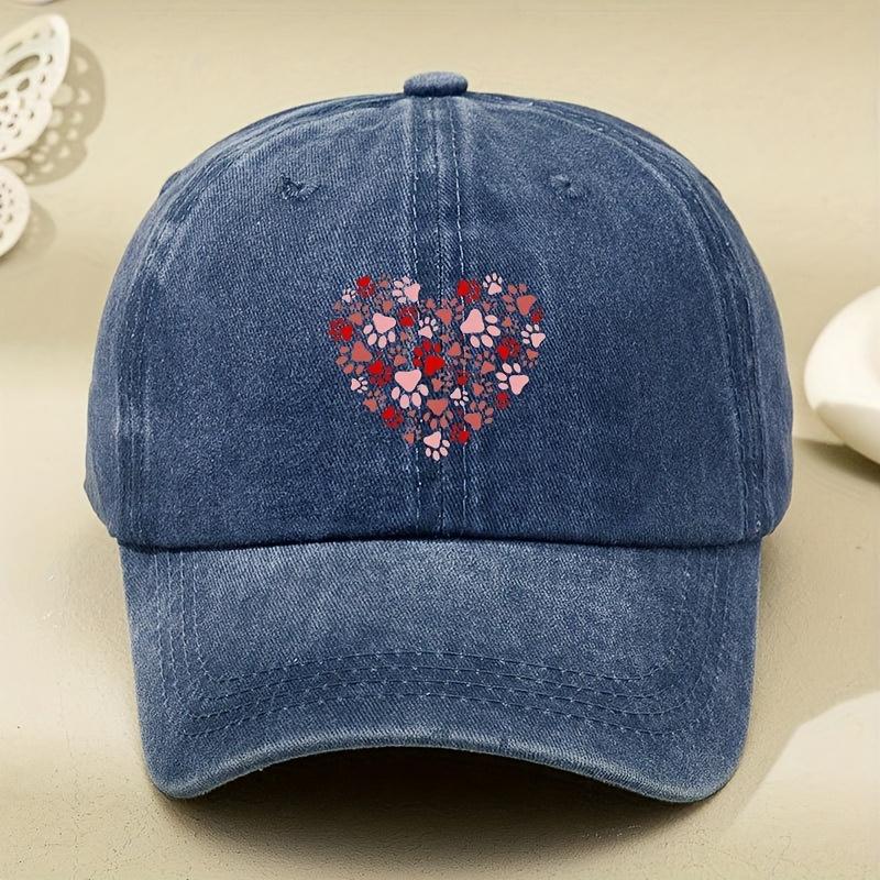 Dog Paw HeartShaped Colorful Print Unisex New Style Baseball Cap Washed Vintage Soft Top Retro Sun Hat for Men and Women