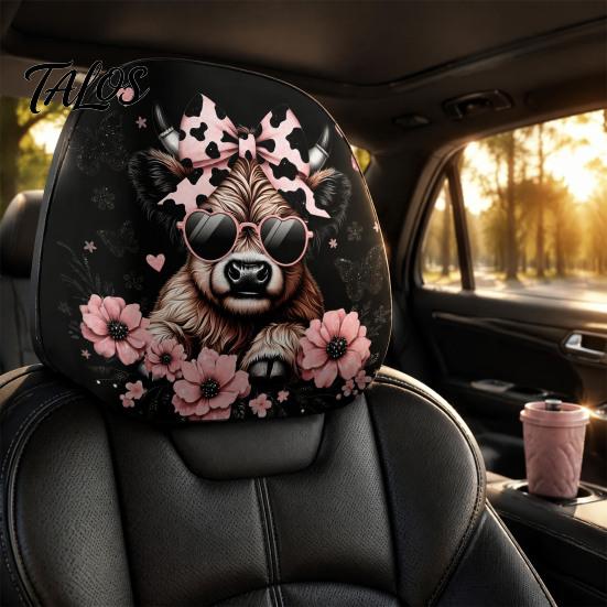 Decorative Auto Headrest Sleeves 2Pcs Cute Calf Car Covers with Pink Flowers, Breathable Animal Pattern Accessories Seat Protectors, Stretchy