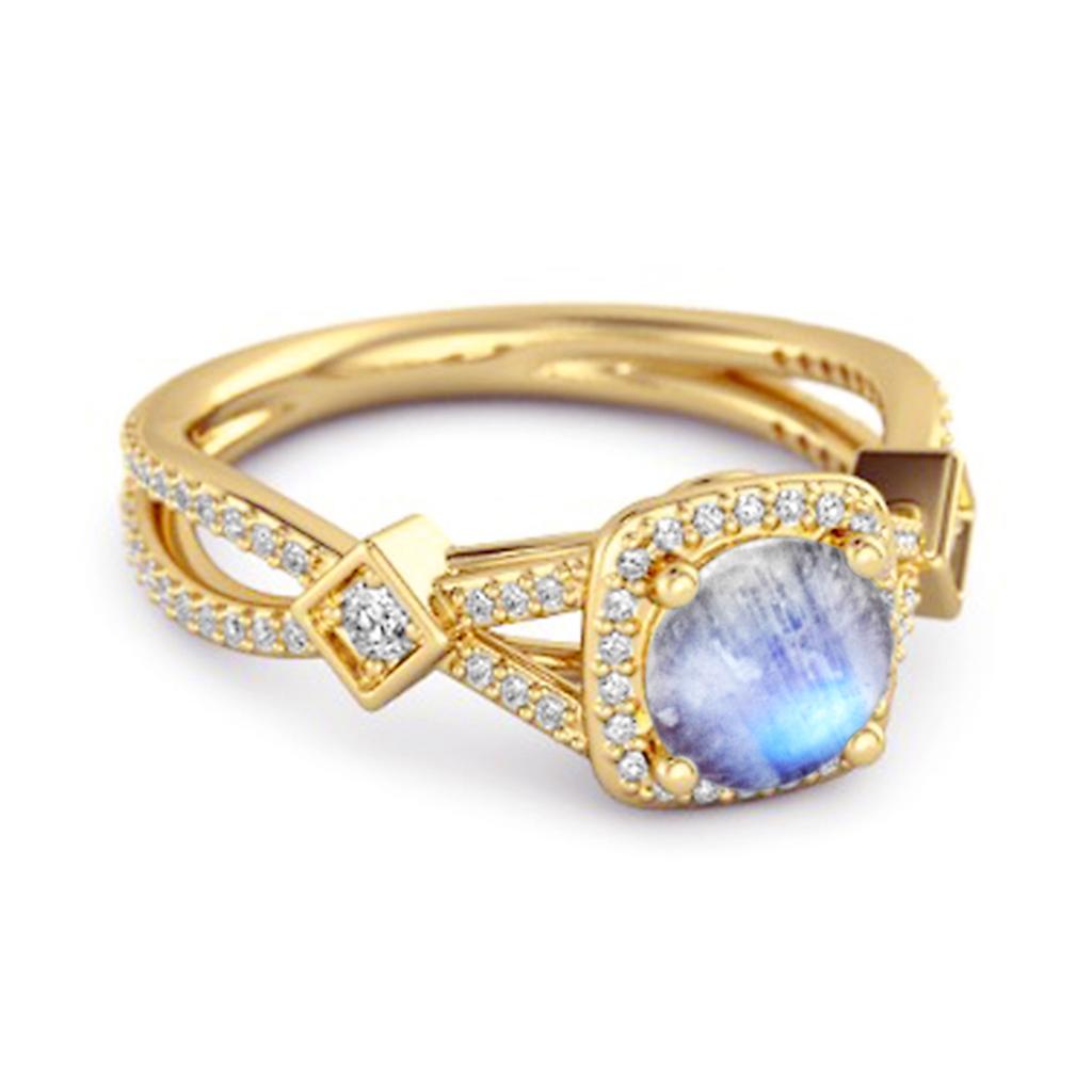 Moonstone Vintage Halo Art Deco Ring - 925 Sterling Silver Gold Vermeil