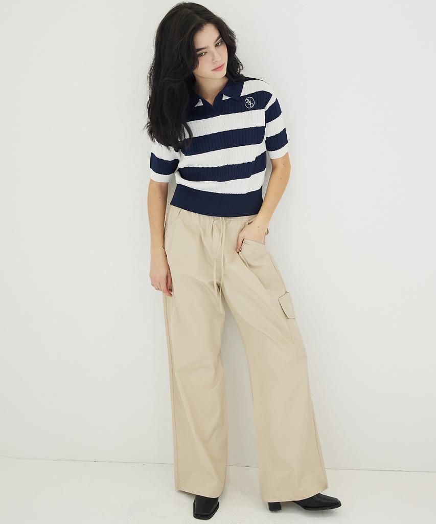 AWESOME STUDIO Striped Cable Collar Knit Navy