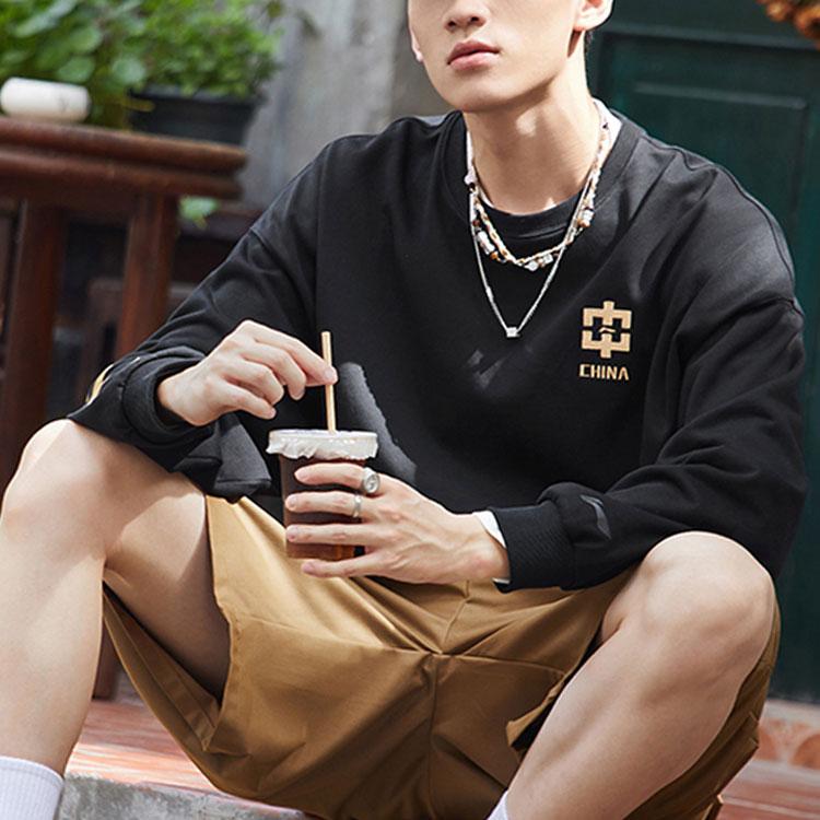 Li Ning Sports Lifestyle Series Fleece Letter Print Loose Round Neck Pullover Sweatshirt Unisex sweatshirt Black AWDRB78-6