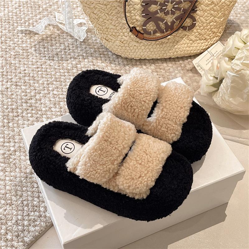 Thick-bottomed fluffy slippers for women's outer wear, one-word velvet to keep warm and increase height, autumn and winter 2025 new mink wool cotton