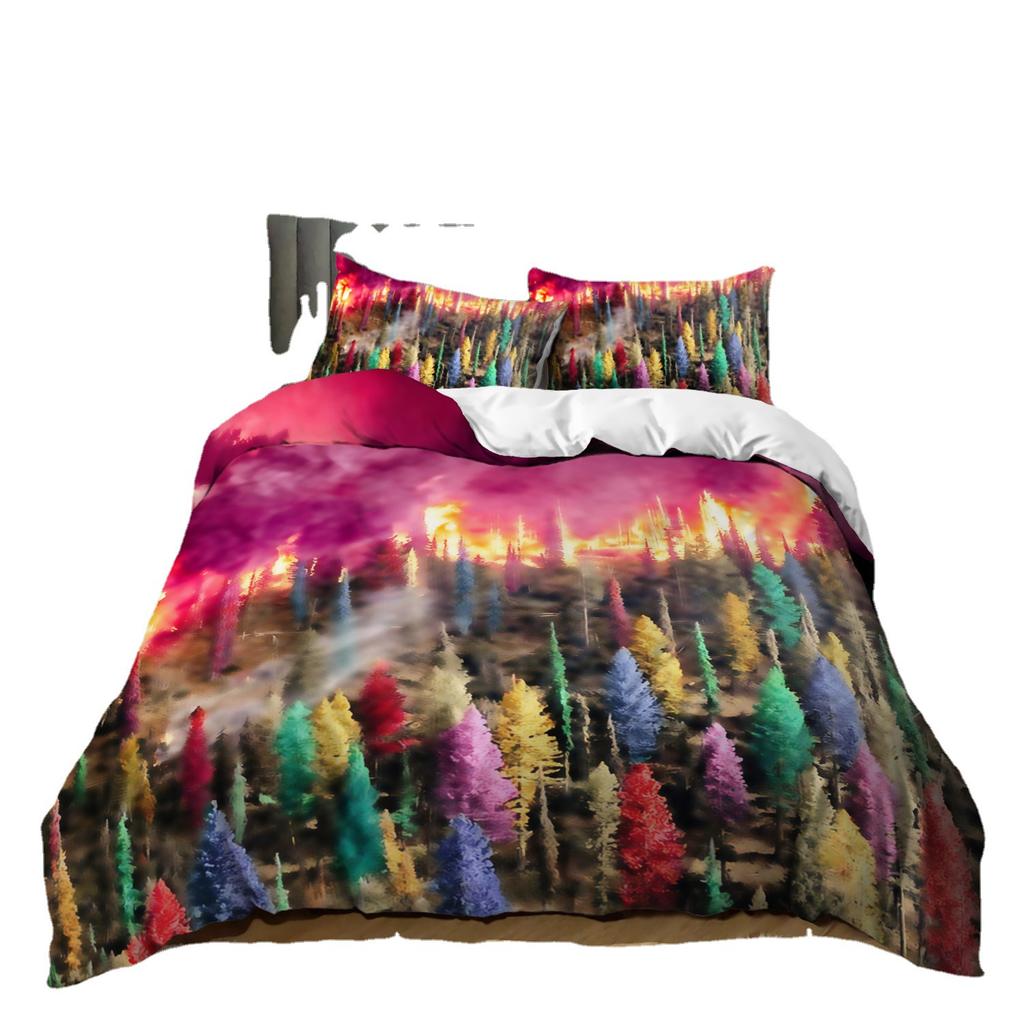3D Digital Printing Oil Painting Scenery Quilt Cover Three-Piece Bedding