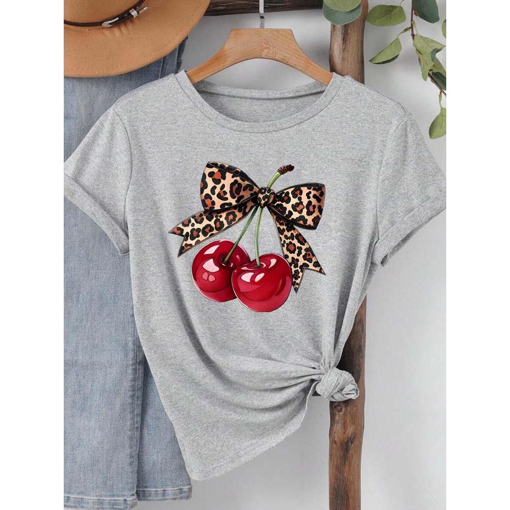 Mode Kirschdruck Damen T-Shirt Kurzarm Rundhals Lässige Oberteile für Sommer Frühling Damenbekleidung Oberteile T-Shirts