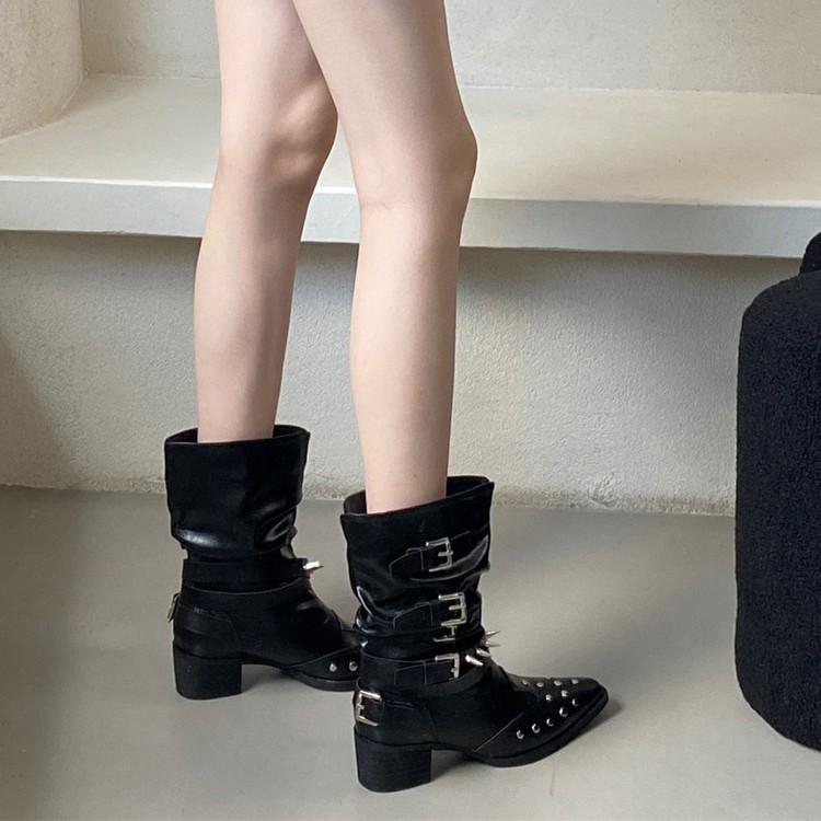 Short Boots Women's Thick Heel Versatile Retro Chelsea Boots 2025 New Western Cowboy Boots Rivet Middle Heel Martin Boots