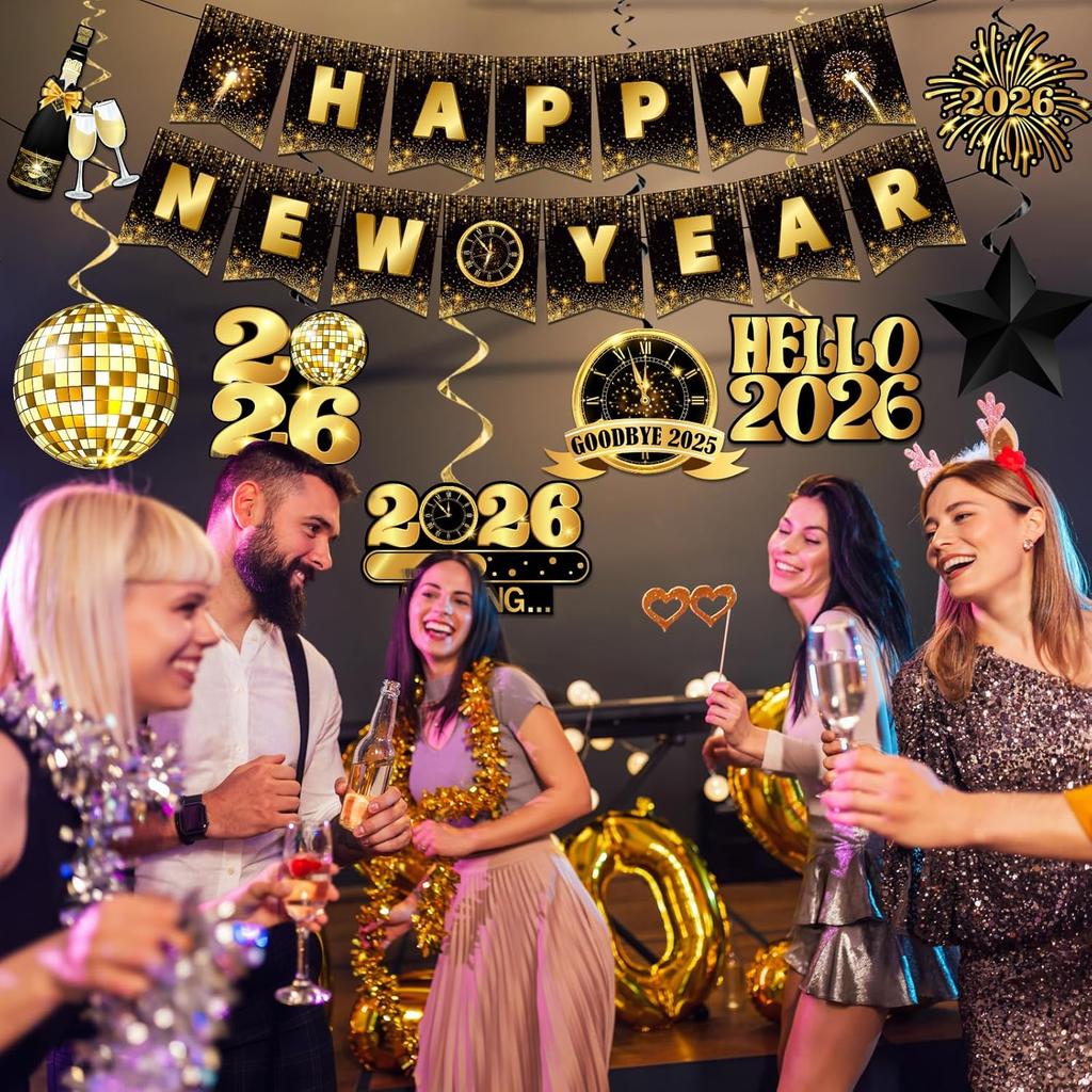 Happy New Year Decorations 2026, Black Gold Happy New Year Banner and New Years Hanging Swirls,New Years Eve Party Supplies Hanging Decoration for