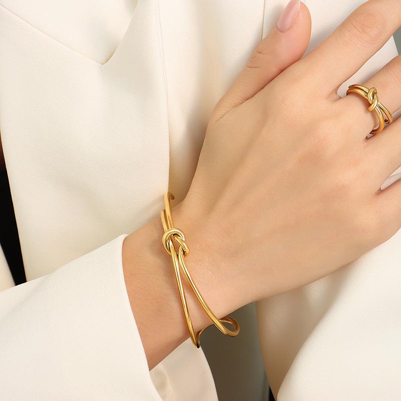Double-Layer Titanium Steel Twisted Knot Open Ring Bracelet