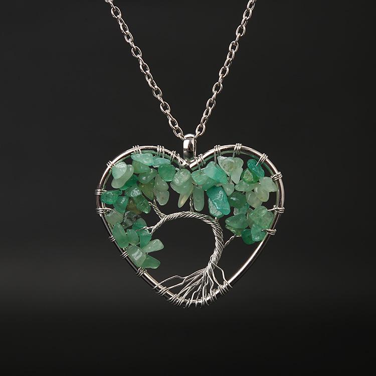 Seven-Color Heart-Shaped Tree of Life Necklace with Natural Stone Crystals