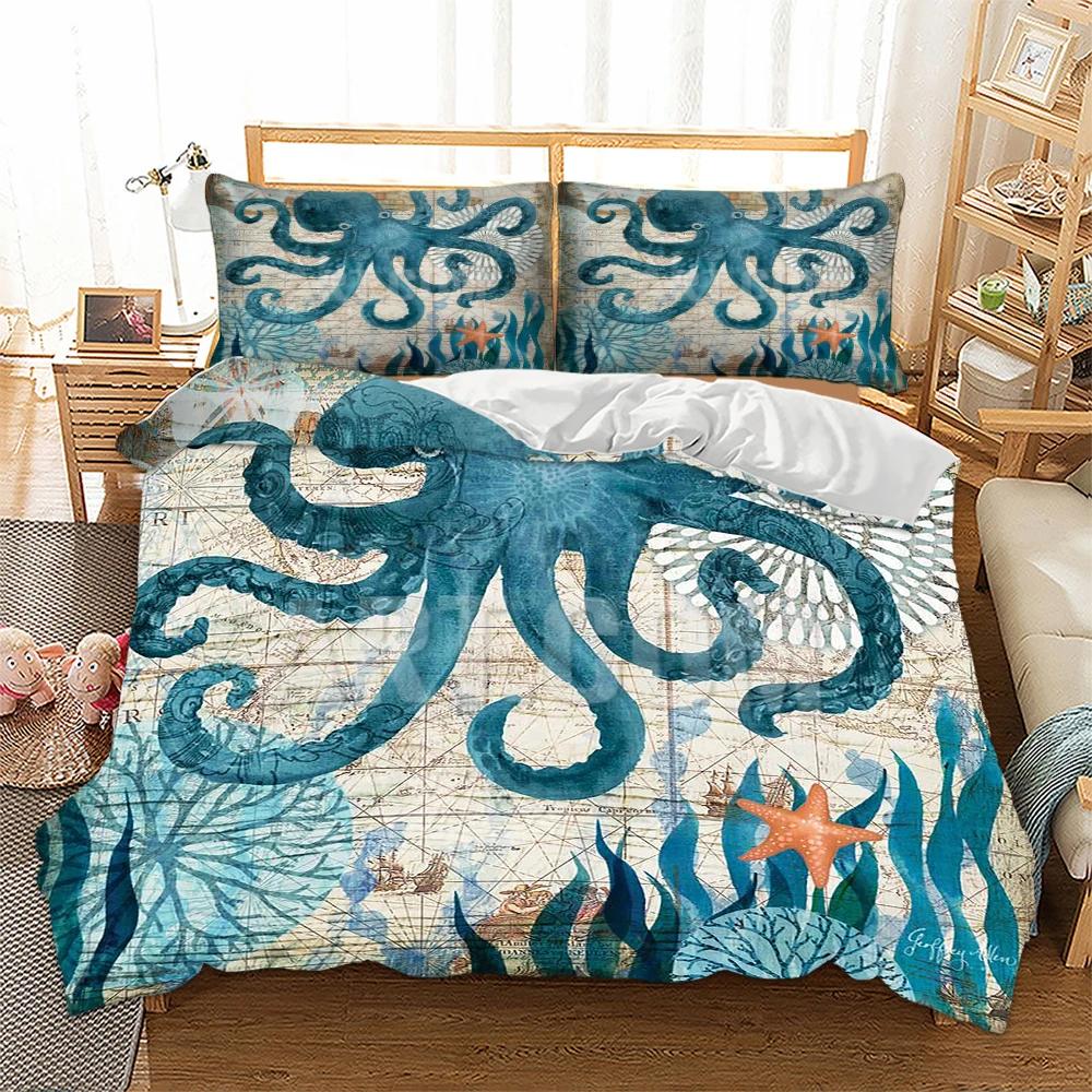 3D Starfish,Seaweed Duvet Cover+pillow Case Print Octopus Winter Home Bedding Set King Size Breathable Quilt Cover Set Blue  AQ