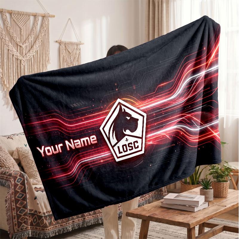 LOSC Lille FC Personalized Fleece Blanket With Football Logo, Custom Name Text Soft Warm Home Throw Blanket