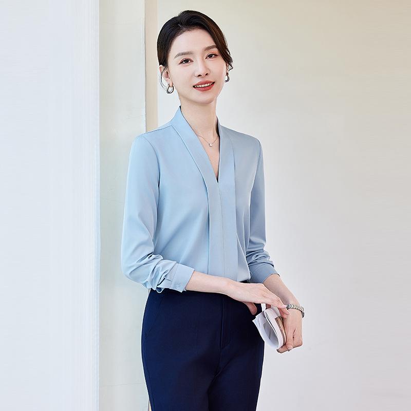 

Женская блузка с длинным рукавом и V-образным вырезом из шифона - Элегантный дизайн для профессиональных собеседований весной и осенью 4XL синий