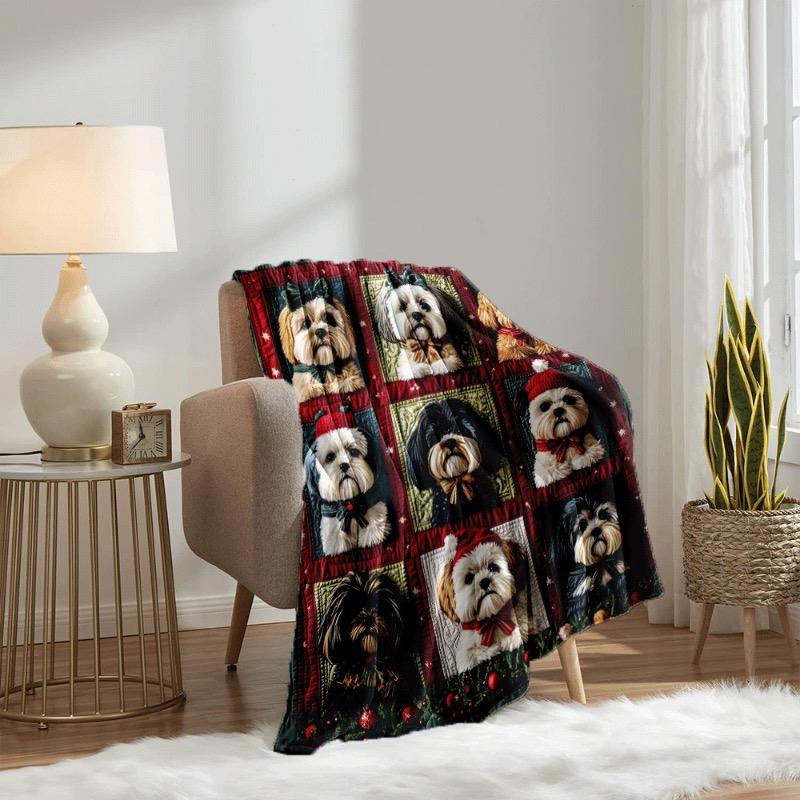 Shih Tzu Hund-Themen-Decke mit festlichem Weihnachtsdesign - Gemütliche Flanell-Kuscheldecke mit entzückenden Shih Tzu-Porträts