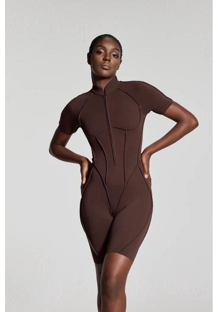 High-End Comfort Sports Yoga Tight-Fit Zipper Short Sleeve Jumpsuit