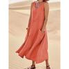 Women Casual Summer Cotton Linen Dress Loose Sleeveless Round Neck Plain Pocket