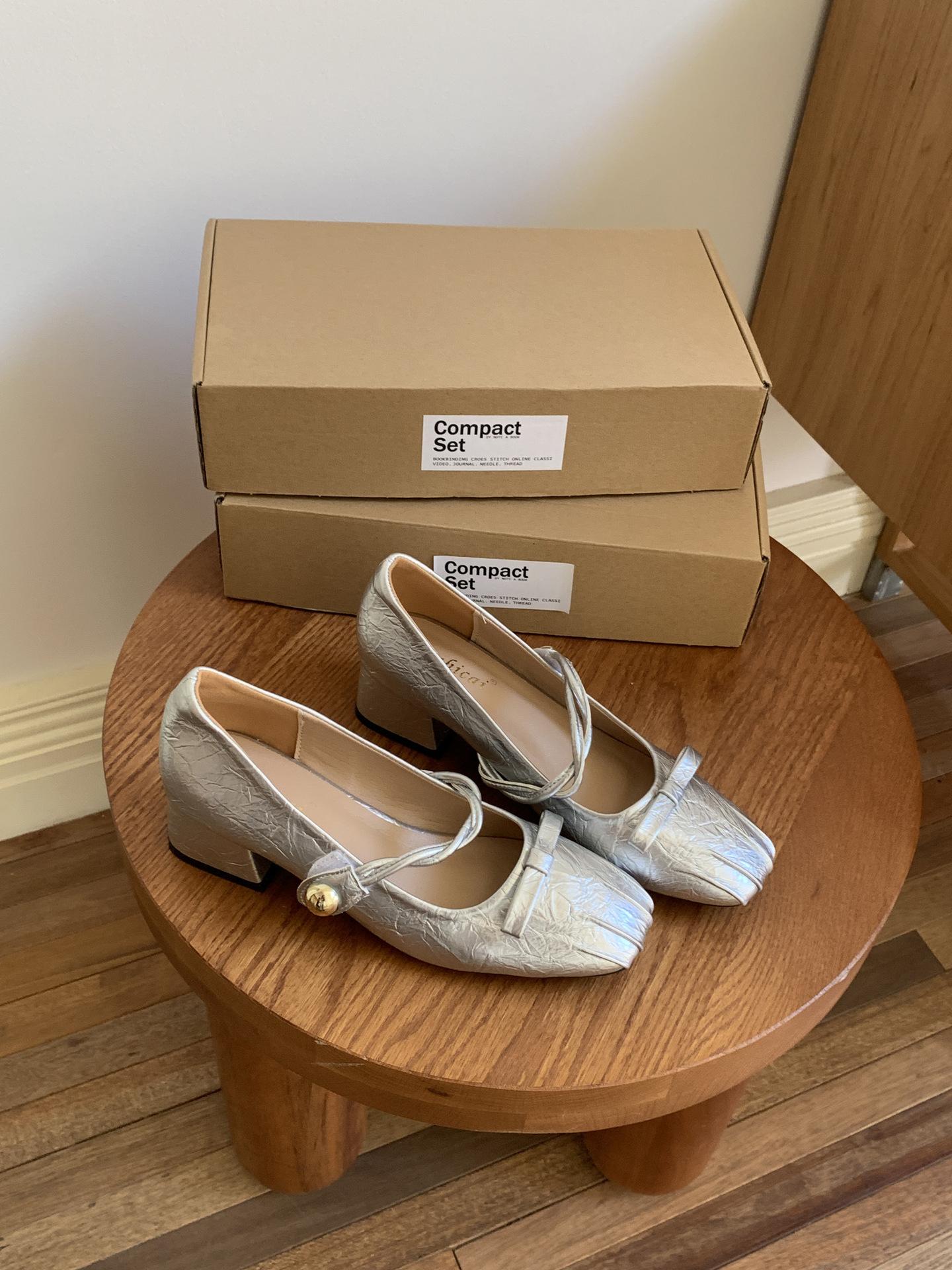 Pumps Spring SummerShell Toe BowHorse Heel Mary Jane Heel Shoes Fashion Block Heel 35