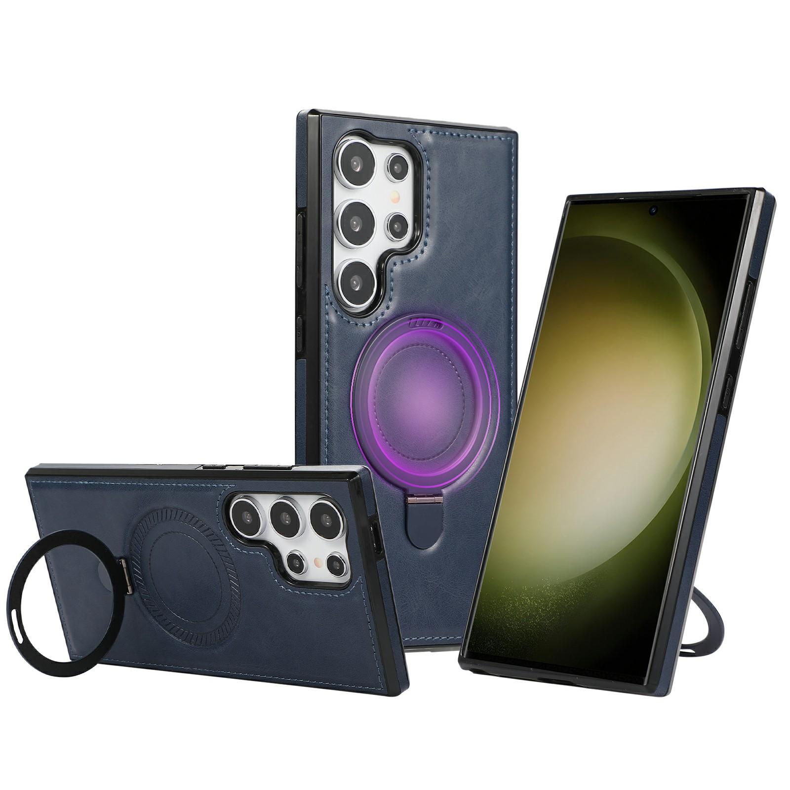 

For Samsung Galaxy S25 Ultra Case Magnetic Kickstand PU Leather Coated PC+TPU Phone Cover Blue