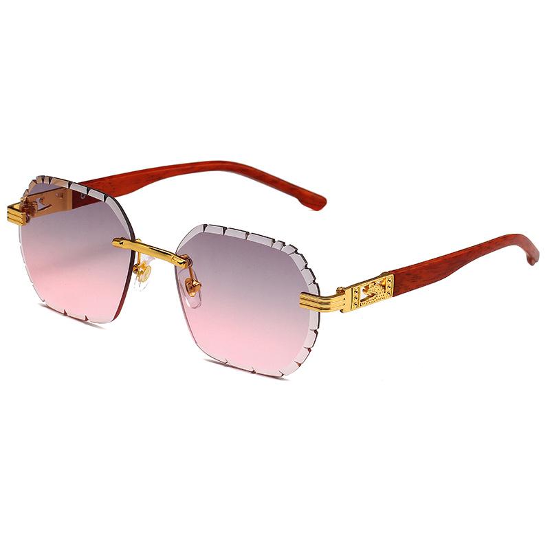 Retro imitation wood grain square sunglasses men's frameless trimmed engraved leopard driving sunglasses men