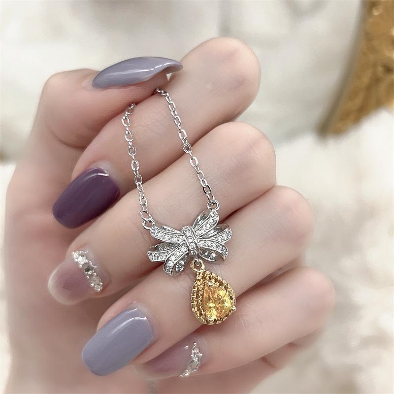 Fresh Bow Zirconia Pendant Necklace for Women - Elegant Yellow Diamond Clavicle Chain