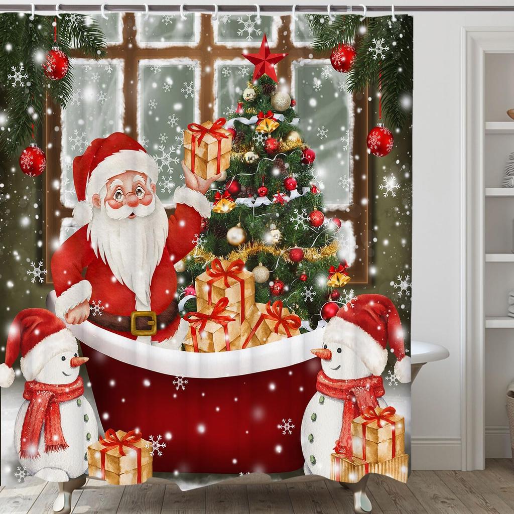 Funny Santa Claus Snowman Christmas Shower Curtain  with Red Gold Tree Design, New Year Bathroom Decor for Festive Celebration