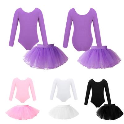 2Pcs Dancewear Girls Long Sleeve Leotard with Tutu Skirt Ballet Dance Gymnastics Outfit