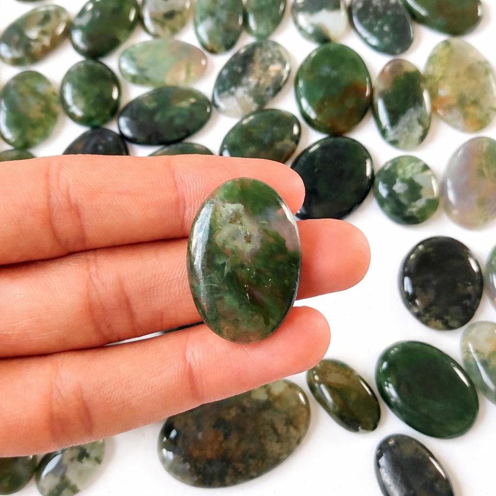 Moss Agate Oval Cabochon Lot – Natural Green Crystal Gemstone Flat Back (20–35mm) for Jewelry Making