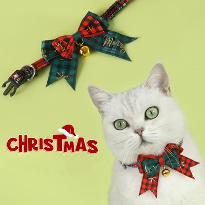 Pet Cat Christmas Bow Collar with Bell 17-33cm Adjustable Red Green Grid Cat Collar Tie Pet Christmas Costume Necklace