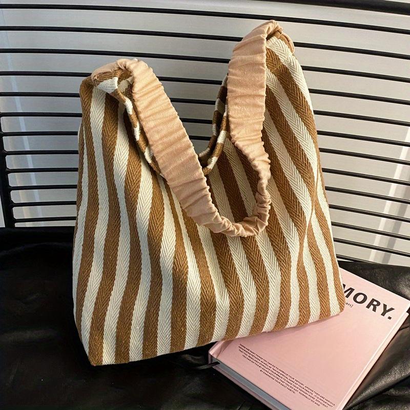Large Capacity Striped Tote Bag Stylish Yellow & Blue Vertical Stripes, Spacious Shoulder Bag with Ruffled Detail, Perfect for Casual Shopping Bag