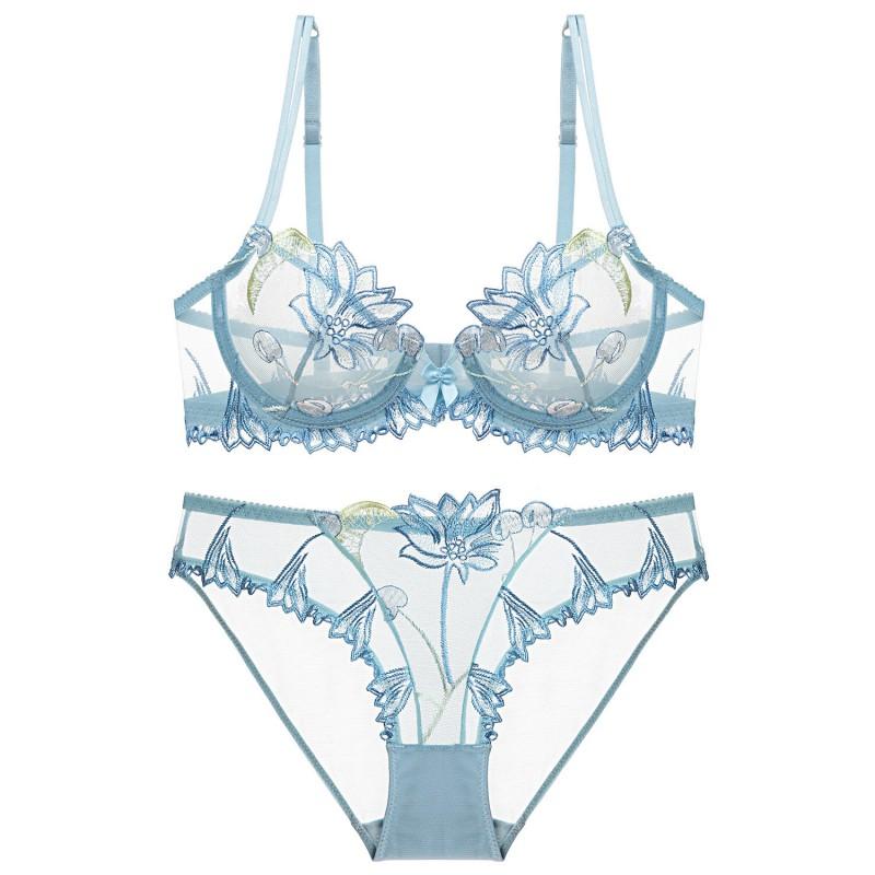 Ultra-thin Lace Bra Set Plus Size Women Cherry Embroidery Sheer Mesh Minimizer Bust