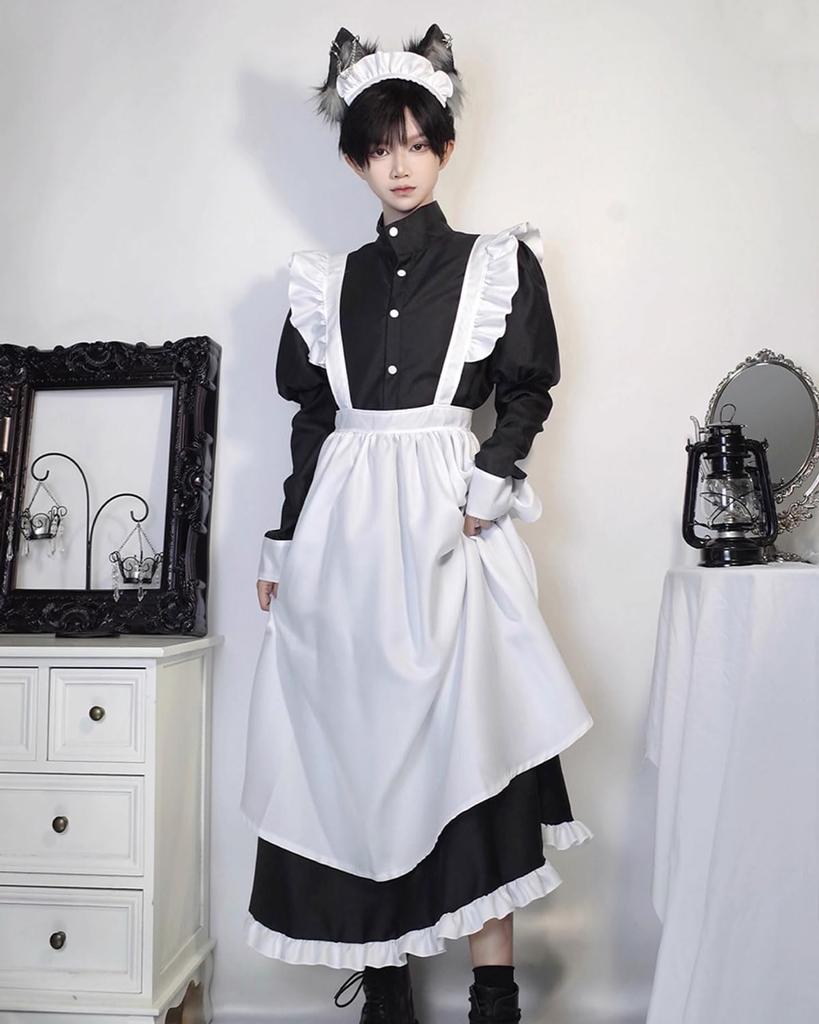 Dienstmädchen im britischen Stil, schwarz und ein Cosplay-4-teiliges langes großes Dienstmädchenkostüm für Jungen und Mädchen [Kamizu Ryohin] Kleidung, lang, weiß, teilig, Kostüm, Set,