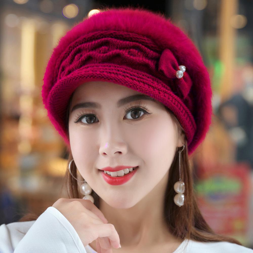 Women's Autumn/Winter Rabbit Fur Ear Protection Warm Hat with Thick Knit and Duckbill Design