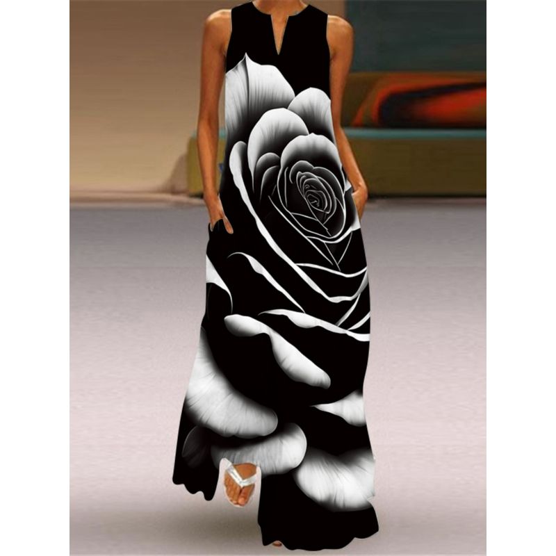 Black Dress 2025 Spring/Summer New Arrival Women's Retro Print Long Dress Chiffon V Neck Sleeveless Pocket Dress
