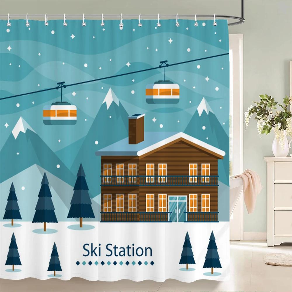 Winter Ski Station Cedar Plant Shower Curtains Bathroom Curtain Frabic Waterproof Polyester Bath Curtain with Hooks Decoration