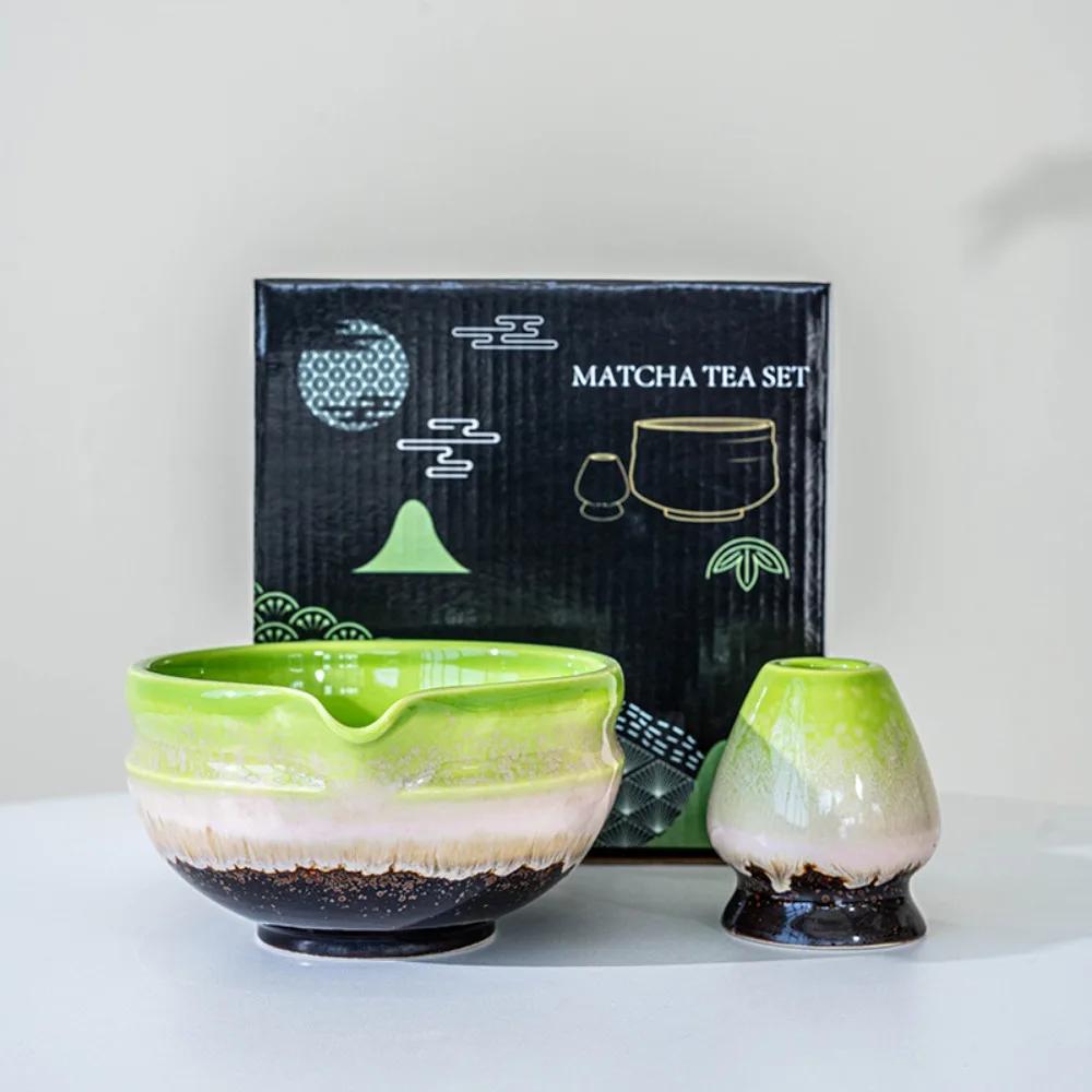 New Ceramic Matcha Bowl with Pouring Spout Reusable Matcha Making Kit Gradient Color Matcha Whisk Holder Tea Lovers