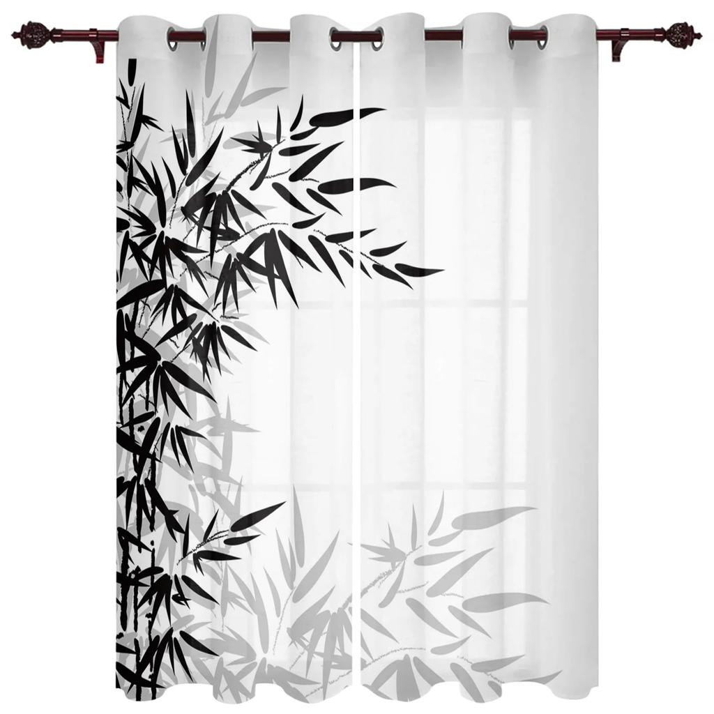 Bamboo Leaves Black White Window Curtains Printing Curtains for Living Room Modern Design Bedroom Decor Drapes