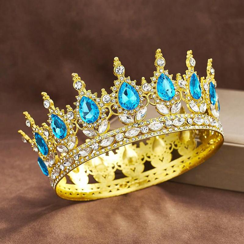 Luxury Color Baroque Queen Crown Colorful Sparkly Rhinestone Wedding Crown Bride Princess Full Round Tiaras Headband Headpieces