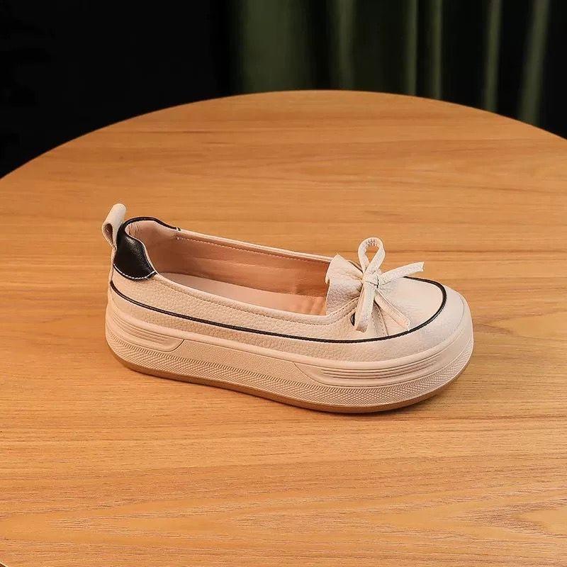 Móda 2024 Jarní a podzimní nová módní kožená obuv s kulatou mašlí a barevnými bloky na obličej, silná podrážka, pohodlné jednoduché boty pro ženy