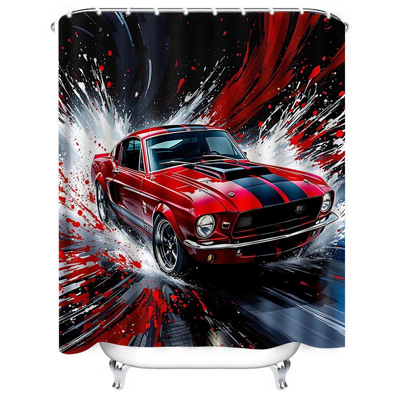 Speed Passion Red Mustang Shower Curtain for Bathroom - Vintage Car Design with Dynamic Splash Effect Waterproof  Durable