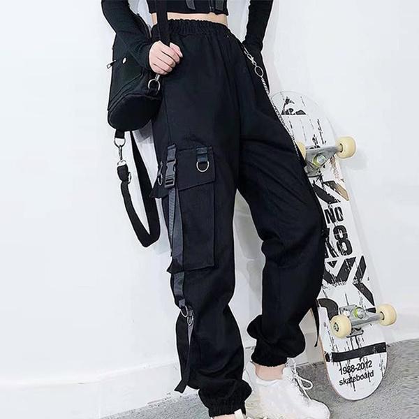 Women's Gothic Fashion High Waist Elastic Waist Overalls Punk Chain Hip Hop Pants Casual Street Tech Wear Plus Size S-4XL
