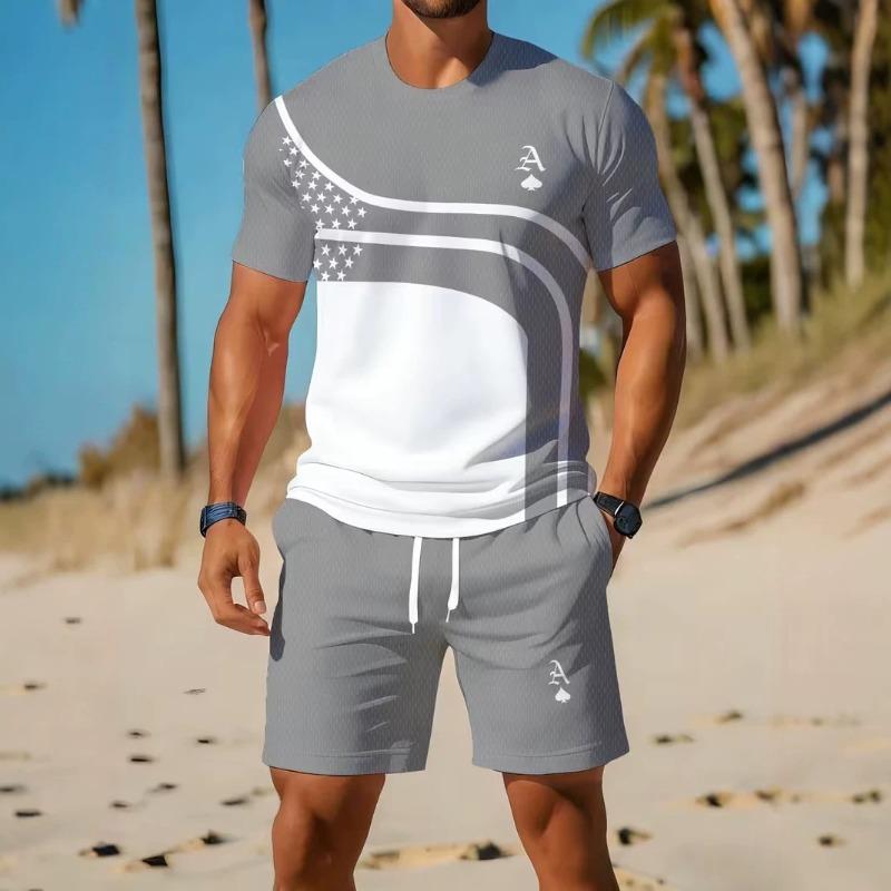 Men's O Neck Short Sleeved Shorts Set Summer Fashion Casual Sports Sets 3D Stripe Printed 2-piece Set