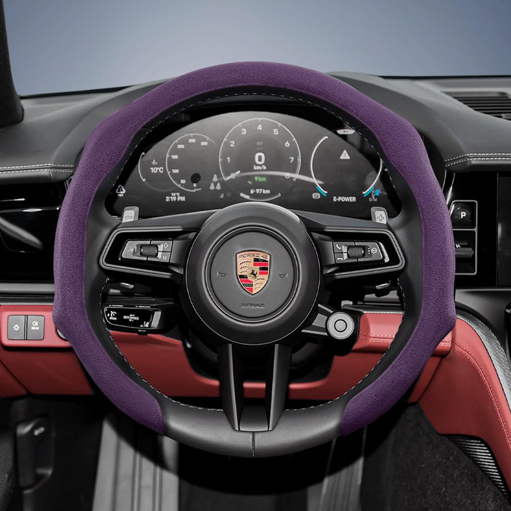 Suitable for Porsche Premium Suede Snap-On Steering Wheel Cover, Non-Slip and Durable Cayenne 996 Macan 957 Volante Boxster 986 718 Alcantara Turbo