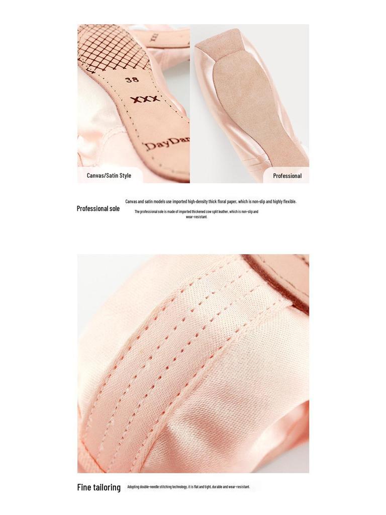 Dětské růžové saténové špičky pro začátečníky se stuhou - Tvrdá podrážka Dospělé taneční cvičky