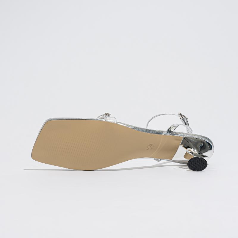 Women's new one-word sandals women's sexy transparent rhinestone fashion square head ankle strap stilettos