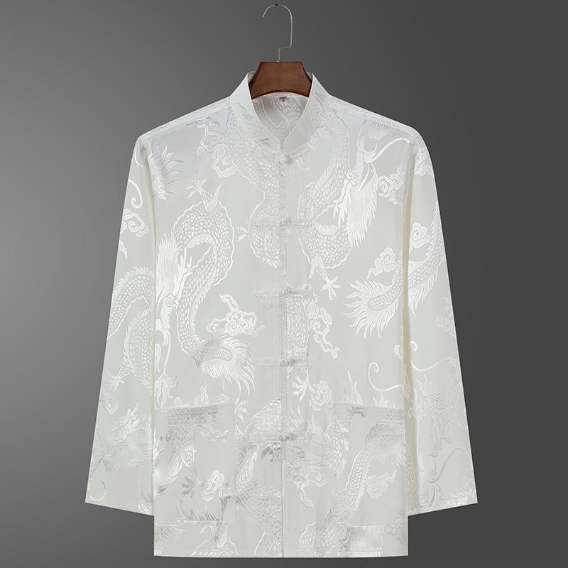 Ice Silk Tang Suit Long-Sleeved Shirt: Men's Chinese-Style Spring/Autumn Dress for Middle-Aged and Elderly