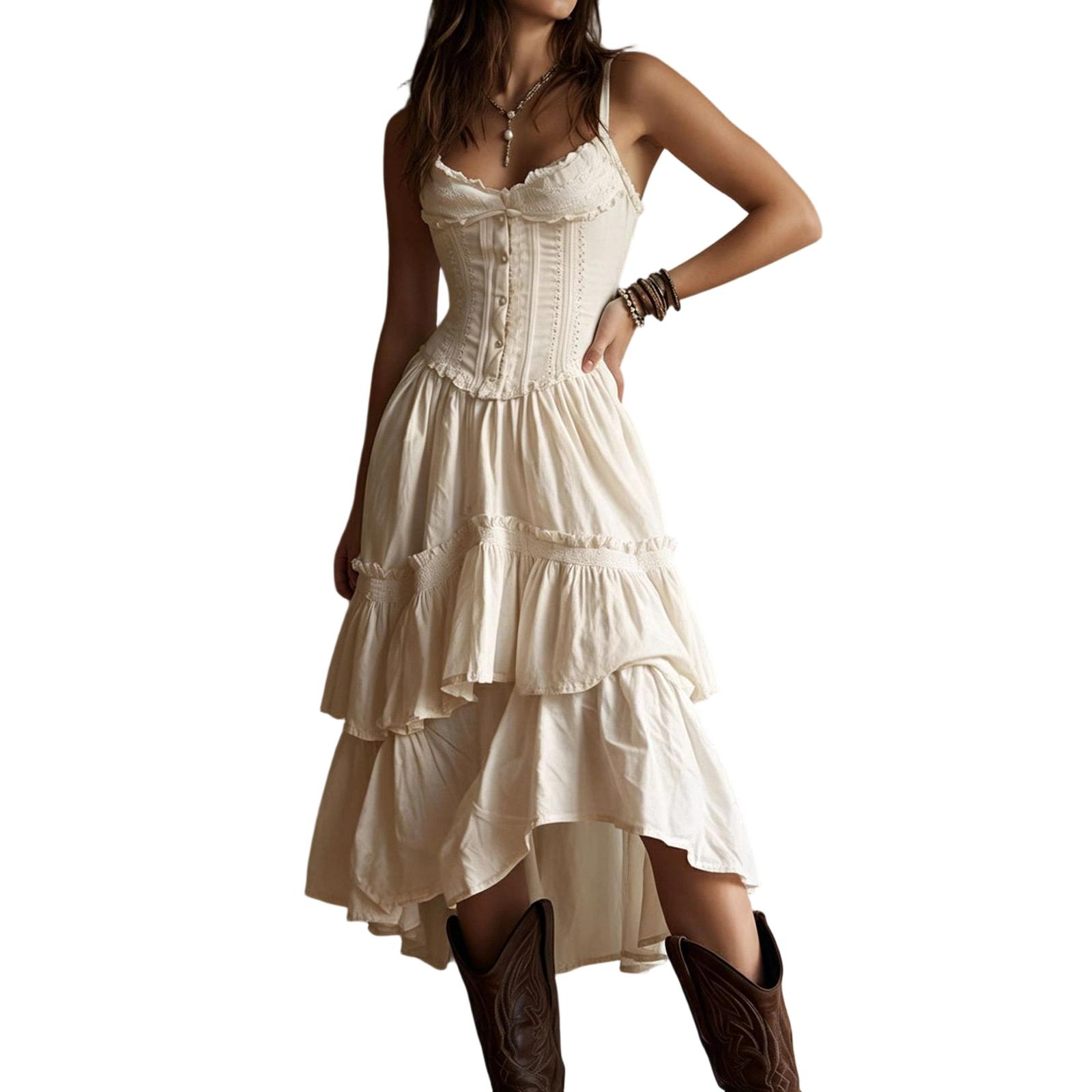 Ladies Casual And Fashionable Waist Cinched Ruffle Edge Dress L бежевый