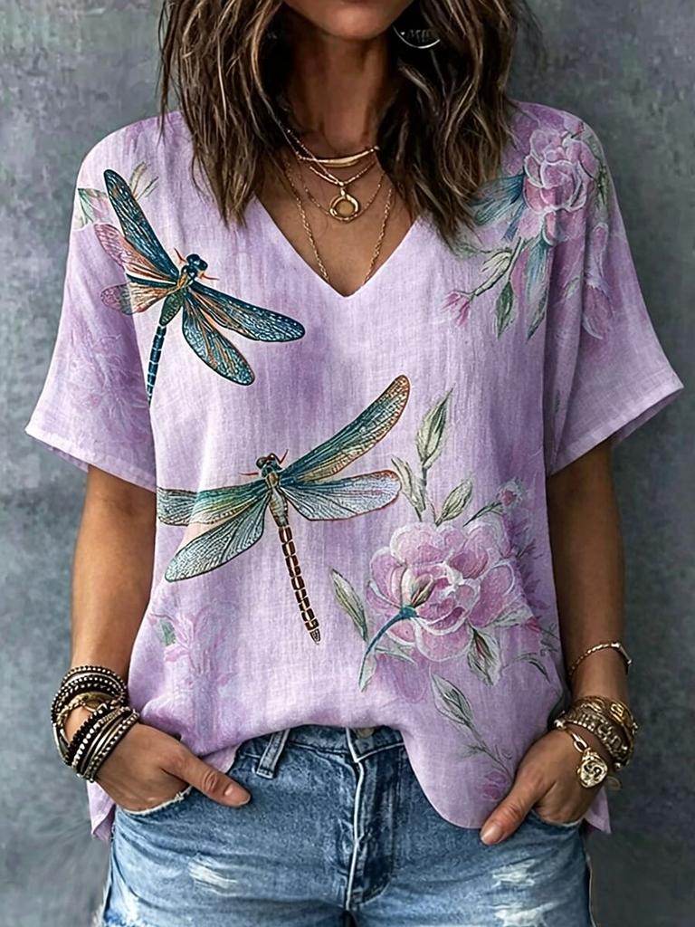 Funny Dragonfly 3D Print T Shirt For Women Fashion Flower Pattern Oversized Tops Casual V-neck Short Sleeve Tees Summer Clothing