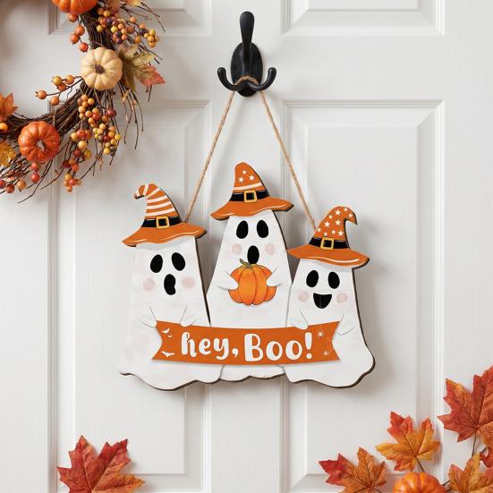 Vintage Style Decor Halloween Wooden Hanging Sign, Rustic Ghost Bat Black Cat Witch Hat Wall Decor, Theme Ornaments Spooky Pendant with Hemp Rope