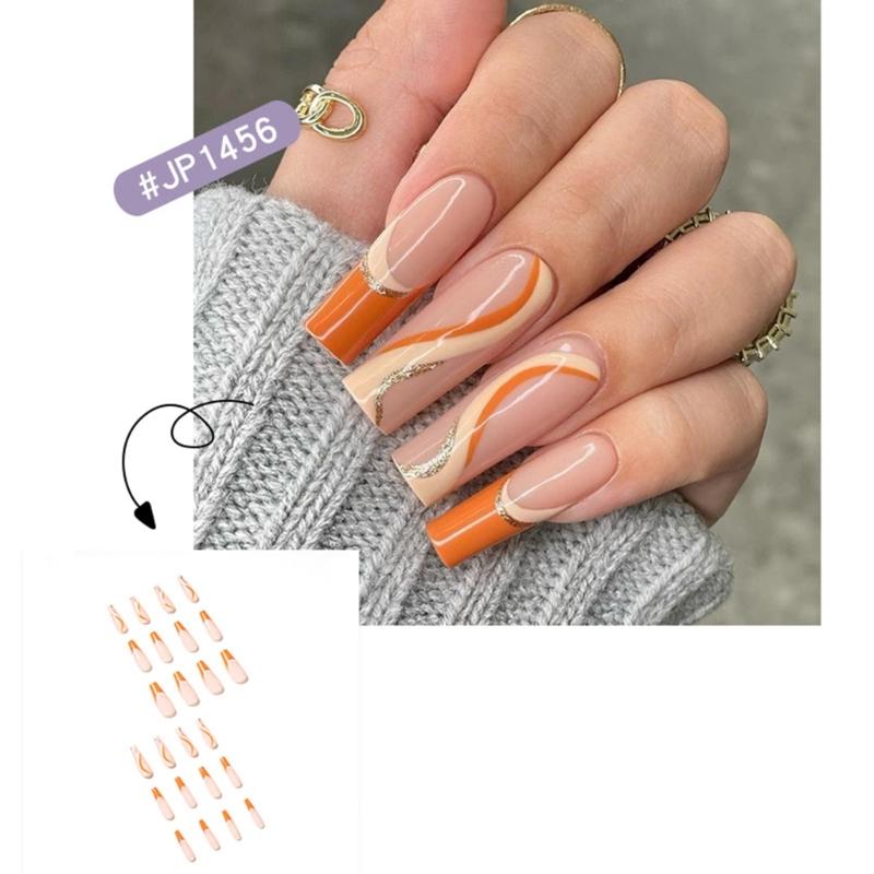24 Pcs Autumn Winter False Nail Striped Artificial Nail French Tip Stick On Nail Glittering Press On Nail for Woman